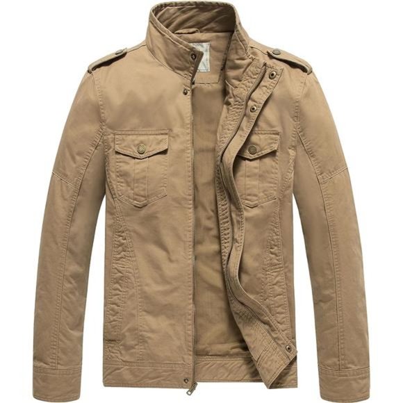 Men's Casual Washed Cotton Military Jacket, Khaki Brown - Picture 1 of 6